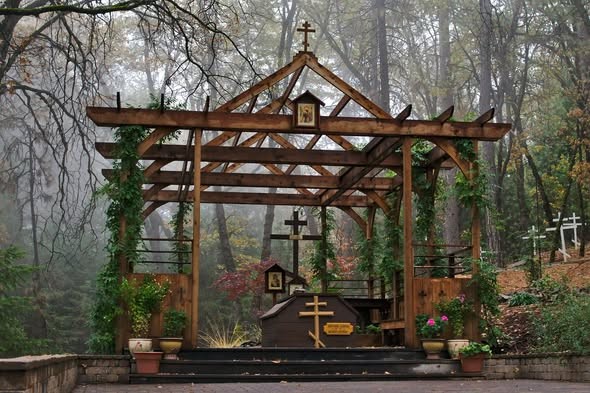 The memorial shrine over the grave of Fr. Seraphim Rose at St. Herman of Alaska Monastery, Platina, California