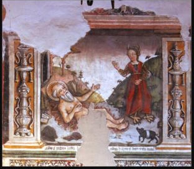 Fresco of St. Anthony the Great tempted by the devil in the form of a woman, church of San Antonio Abate, Cornillo Nuovo, Italy
